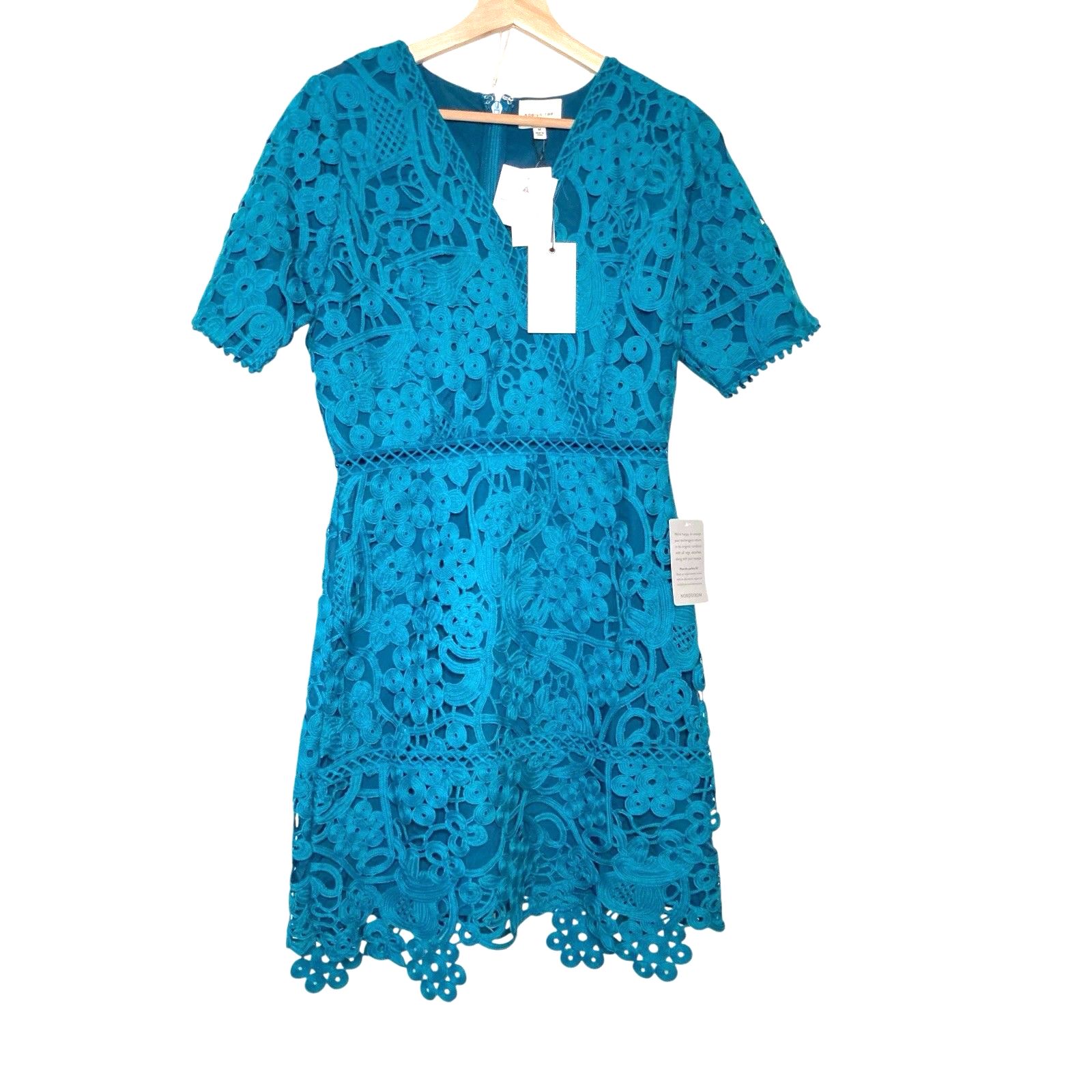 Adelyn Rae Womens Medium Short Sleeve V-Neck Lace Sheath Mini Dress Teal Nwt